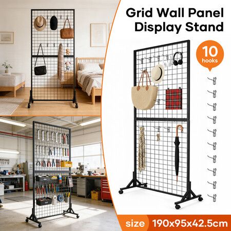 Mobile Grid Wall Display Stand Floor Standing Retail Shop Rack Mesh Wire Panel with 10 Hooks and Wheels for Market Exhibition Art Show 190x95x42.5cm