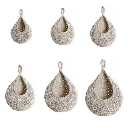 6PCS White Cotton Rope Boho Teardrop Hanging Fruit Baskets for Kitchen Handwoven Wall Planters Hooks Green Basket Decor Vegetable Storage Bag