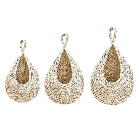 3PCS White Cotton Rope Boho Teardrop Hanging Fruit Baskets for Kitchen Handwoven Wall Planters Hooks Green Basket Decor Vegetable Storage Bag