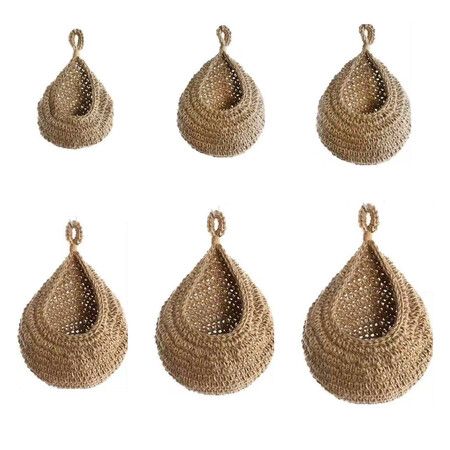 6PCS Hemp Rope Boho Teardrop Hanging Fruit Baskets for Kitchen Handwoven Wall Planters Hooks Green Basket Decor Vegetable Storage Bag