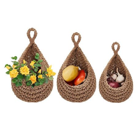 3PCS Hemp Rope Boho Teardrop Hanging Fruit Baskets for Kitchen Handwoven Wall Planters Hooks Green Basket Decor Vegetable Storage Bag