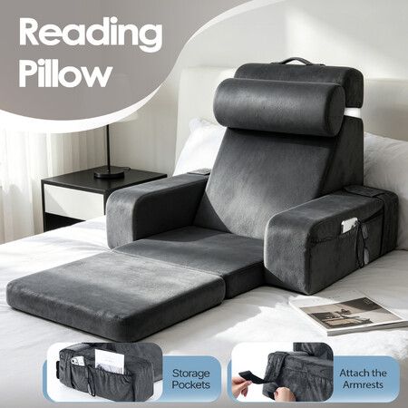 Reading Pillow for Bed Sitting Up with Armrests Pockets Foldable Seat Cushion Husband Gaming Backrest Support Upright Floor Lounge Chair Velvet Cover