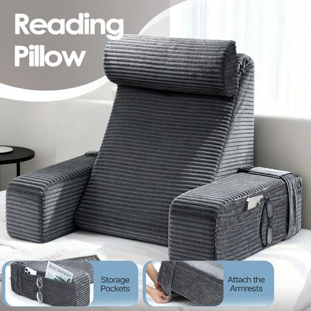 Bed Reading Pillow with Arms Husband Backrest Support Corduroy Cover for Adult Sitting Up on Sofa Couch Gaming Floor Lounger Chair Rest Lumbar Cushion