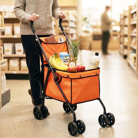 Folding Shopping Trolley Portable Water Resistant Grocery Cart Laundry Bag Metal Utility Storage Basket Wheeled Rolling Foldable Market Camping Dolly
