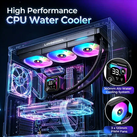 Black 360mm AIO CPU Cooler ARGB 3x120mm PWM Fans Pump Liquid Water Cooling Radiator 2600RPM Speed for Intel LGA1851/1700 AMD AM5 AM4 Gaming PC Case