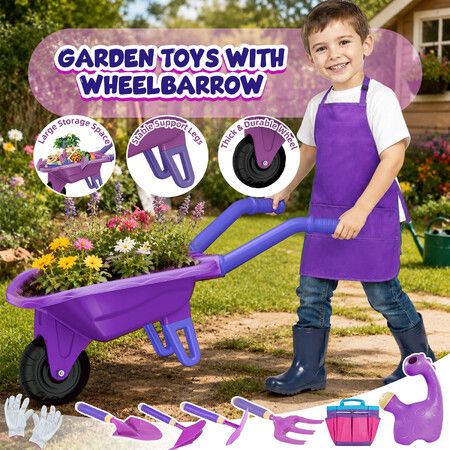 Kids Garden Tool Toy Play Set Wheelbarrow Hand Hoe Shovel Watering Can Apron Gardening Gloves Outdoor Childrens Education Sandpit Beach Toys Purple