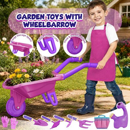 Kids Gardening Tool Toys Set with Wheelbarrow Watering Can Apron Gloves Childrens Outdoor Garden Playset Learning Sandpit Beach Play Gift
