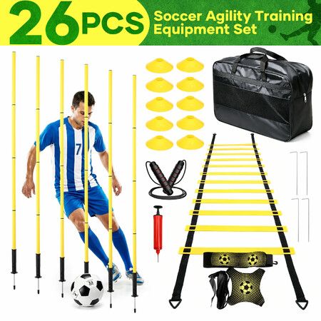26PCS Soccer Agility Training Equipment Set Football Speed Drill Footwork Sports Practice Aid 6 Poles 10 Disc Cones 1 Belt Ladder Skip Rope Carry Bag