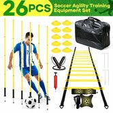 26PCS Soccer Agility Training Equipment Set Football Speed Drill Footwork Sports Practice Aid 6 Poles 10 Disc Cones 1 Belt Ladder Skip Rope Carry Bag