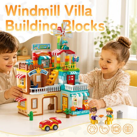 Windmill Villa Building Blocks Set 275PCS Kids STEM Construction Vehicle Playset Educational Learning Toys Bricks for Preschool Toddlers Birthday Gift