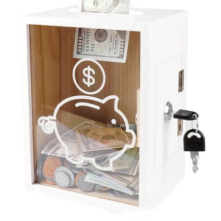 Clear Piggy Bank with Lock, Money Saving Jar with Key, Openable Clear Money Coin Change Bank Jar Container Penny Piggy Jar Bank White