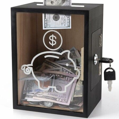 Clear Piggy Bank with Lock, Money Saving Jar with Key, Openable Clear Money Coin Change Bank Jar Container Penny Piggy Jar Bank Black