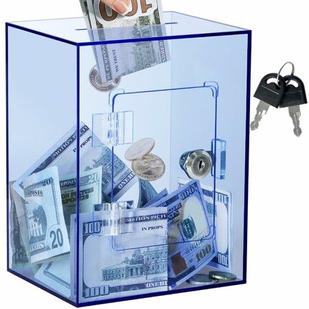 Clear Piggy Bank with Lock, Acrylic Piggy Bank for Kids Openable Reusable Money Saving Box with Key (Blue)