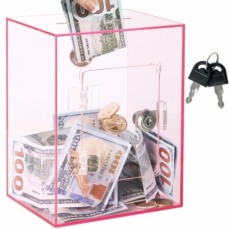 Clear Piggy Bank with Lock, Acrylic Piggy Bank for Kids Openable Reusable Money Saving Box with Key (Pink)