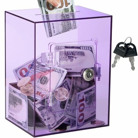 Clear Piggy Bank with Lock, Acrylic Piggy Bank for Kids Openable Reusable Money Saving Box with Key (Purple)