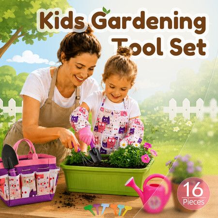 16 Piece Kids Gardening Tool Set with Watering Can Apron Storage Bag Childrens Garden Tools Toy Kit for Beach Sandbox Play Educational Outdoor Gift