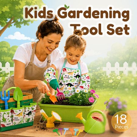 18 Piece Kids Gardening Tool Set with Watering Can Apron Storage Bag Childrens Garden Tools Toy Kit for Beach Sandbox Play Educational Outdoor Gift