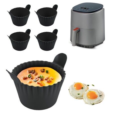 4Pcs Silicone Air Fryer Baking Cups, Non-Stick Round Egg Poacher Muffin Pods for Cake Tart Cupcake, Reusable Ramekins Cooking Mold Set Color Black