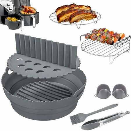 8Pcs Collapsible Silicone Air Fryer Liner Set,Reusable Round Baking Pot Mat,Fit Ninja AF100UK AF160UK 15-in-1 Multicooker,3.8L Plus,Grey