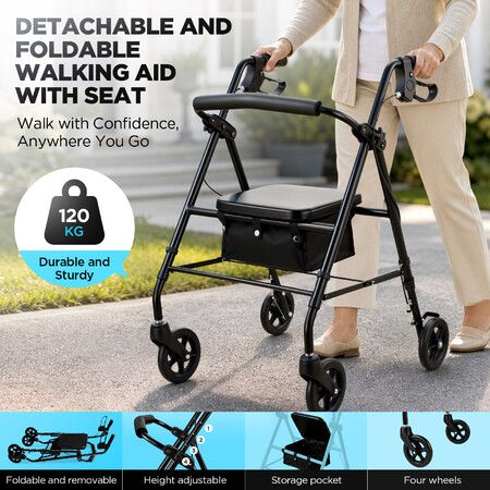 2 in 1 Foldable Rollator Walker with Seat for Seniors Elderly Mobility Aid 4 Wheel Lightweight Rolling Walking Frame Adjustable Handles 120kg Black