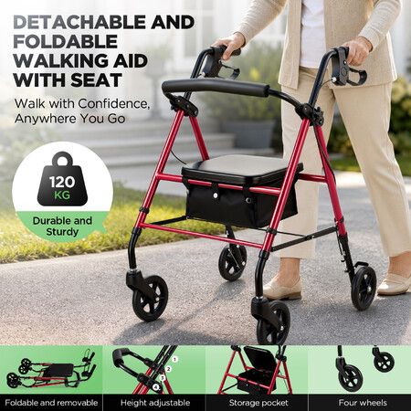2 in 1 Foldable Rollator Walker with Seat for Seniors Elderly Mobility Aid 4 Wheel Lightweight Folding Rolling Walking Frame Adjustable Handles 120kg