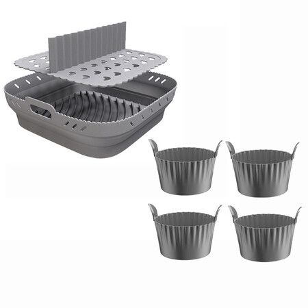 8.5 Inch Square Collapsible Silicone Air Fryer Liner Set with 4 Egg Poacher Cups, Reusable Non-Stick Baking Basket Muffin Pods Mold, Color Grey