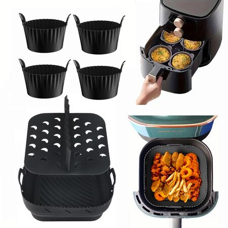 8.5 Inch Square Collapsible Silicone Air Fryer Liner Set with 4 Egg Poacher Cups, Reusable Non-Stick Baking Basket Muffin Pods Mold, Color Black