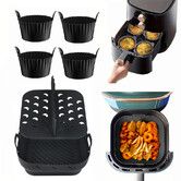 8.5 Inch Square Collapsible Silicone Air Fryer Liner Set with 4 Egg Poacher Cups, Reusable Non-Stick Baking Basket Muffin Pods Mold, Color Black