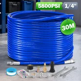 30m Sewer Jetter Kit for High Pressure Washer Blaster 5800PSI Drain Pipe Cleaner Hose 1/4 Inch NPT Corner Cleaning Button Nose Rotating Jetting Nozzle