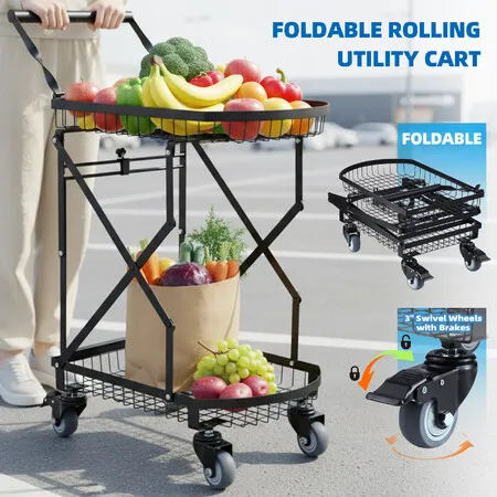2-Tier Folding Trolley Cart Utility Shopping Heavy Duty 100kg Collapsible Storage Rolling Braked Caster Wheels Portable Push Hand Truck Grocery Office
