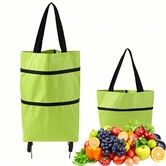 2 In 1 Foldable Shopping Cart With Wheels,25Kg Heavy Duty Collapsible Grocery Utility Trolley,Oxford Reusable Bag For Travel Shopping,Green
