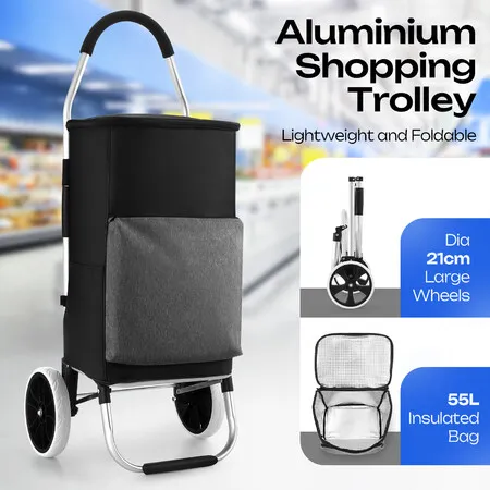 Aluminium Shopping Trolley Cart 55L Insulated Bag Foldable Rolling Wheels Grocery Lightweight Heavy Duty 45kg Capacity Portable Wheeled Market