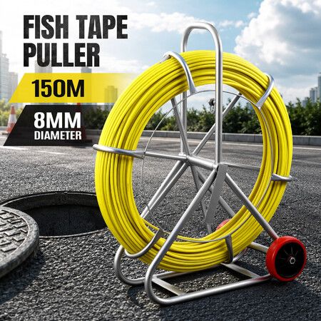 Fish Tape Cable Puller 150mx8mm Fibreglass Duct Rodder Brake Handle Non Conductive Running Rod Steel Reel Electrical Conduit Underground Installation