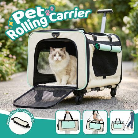 Rolling Pet Carrier Crate Detachable Wheels Telescopic Handle Portable Foldable Dog Cat Travel Bag Shoulder Handbag Soft Puppy Stroller Trolley 15kg