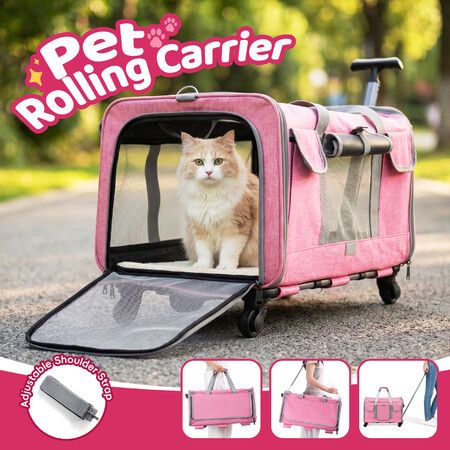 Rolling Pet Carrier Crate 4 Wheels Portable Foldable Dog Cat Travel Shoulder Hand Bag Soft Puppy Stroller Trolley 15kg Detachable Telescopic Handle