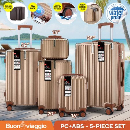 5 Piece Luggage Travel Set Hard Shell Carry On Suitcases Lightweight Trolley TSA Lock Rolling Wheels Travelling Hand Baggage Vanity Bag Front Hook
