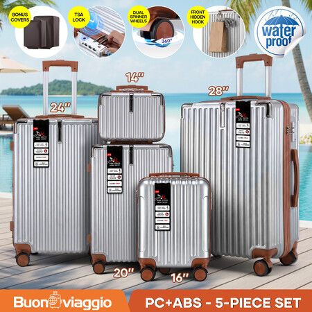 5 Piece Luggage Suitcase Set Hard Case Carry On Spinner Travel Cabin Traveller Bags Lightweight Travelling TSA Lock Trolley Hand Baggage Front Hook