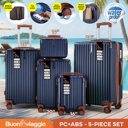 5 Piece Suitcases Travel Luggage Set Carry On Trolley Cabin Hard Shell Case Travelling Bags Hand Baggage Lightweight Rolling with TSA Lock Front Hook
