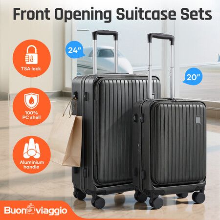 2 Piece Luggage Set Expandable Carry On Suitcases Checked Travel Cabin Bags Front Open Lightweight Hard Shell Case Rolling Trolley 100% PC TSA Lock