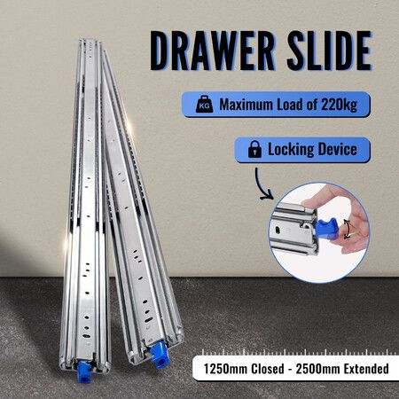 Heavy Duty Drawer Slides 220kg Locking Runners Ball Bearing Full Extension 1250-2500mm Rails for 4WD Ute Canopy Caravan Trailer RV Camper Truck Toolbox