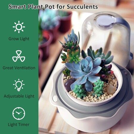 Succulent Pots with LED Grow Light,Smart Succulent Planters with Timer and Ventilation System,Small Indoor Plant Pots with Drainage Hole