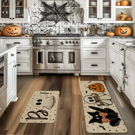 Ghost Pumpkin Cat Boo Orange Halloween Kitchen Mats Set of 2,Black Home Decor Low-Profile Kitchen Rugs for Floor(50*80-50*120CM)