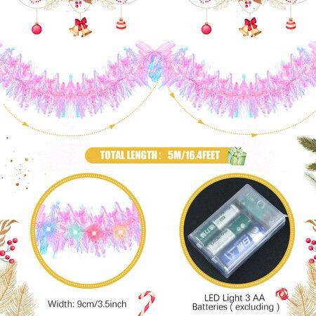 5M Christmas Lighted Garland Tree Decoration Prelit Tinsel Battery Operated 53 LED Christmas Multicolor for Xmas Home(Pink)