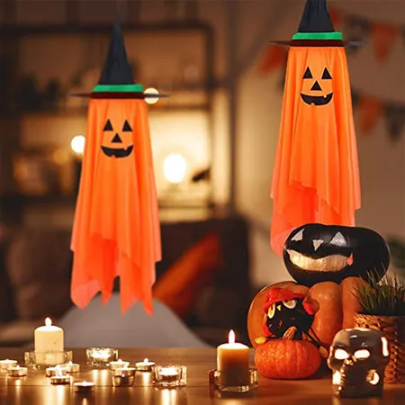 Halloween Decorations, 2 Pack Orange Pumpkin Wizard Hat with Witch Ghosts Hanging Ornaments for Home Party Garden Decorations