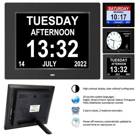 8inch Extra Large Clock Easy Read for Elderly Senior 3 Display Digital Calendar Alarm Clock Col. Black