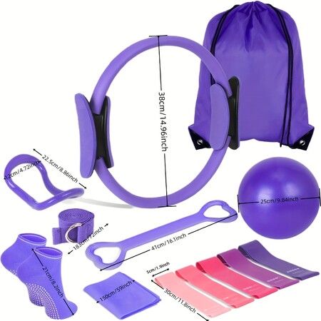 13 Pcs Pilates Rings Set For Home Gym Workouts Including Pilates Ball,Yoga Ring And Resistance Bands For Women Color Purple