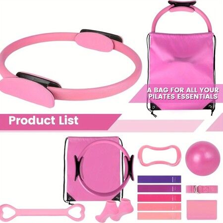 13 Pcs Pilates Rings Set For Home Gym Workouts Including Pilates Ball,Yoga Ring And Resistance Bands For Women Color Pink