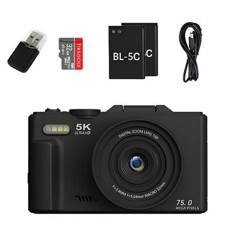 75MP Digital Camera 5K Video Vlogging YouTube Photography Flip Screen 18X Zoom Gift for Teens Color Black With Dual Batteries