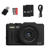 75MP Digital Camera 5K Video Vlogging YouTube Photography Flip Screen 18X Zoom Gift for Teens Color Black With Dual Batteries