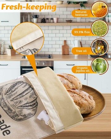 2 Pack Beeswax Bread Bags for Sourdough,Reusable Organic Linen Beeswax Bread Bag for Homemade Sourdough Food Storage Cloth Bag